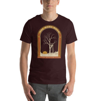One More Hour funny deer hunting tee — Oxblood Black, on model