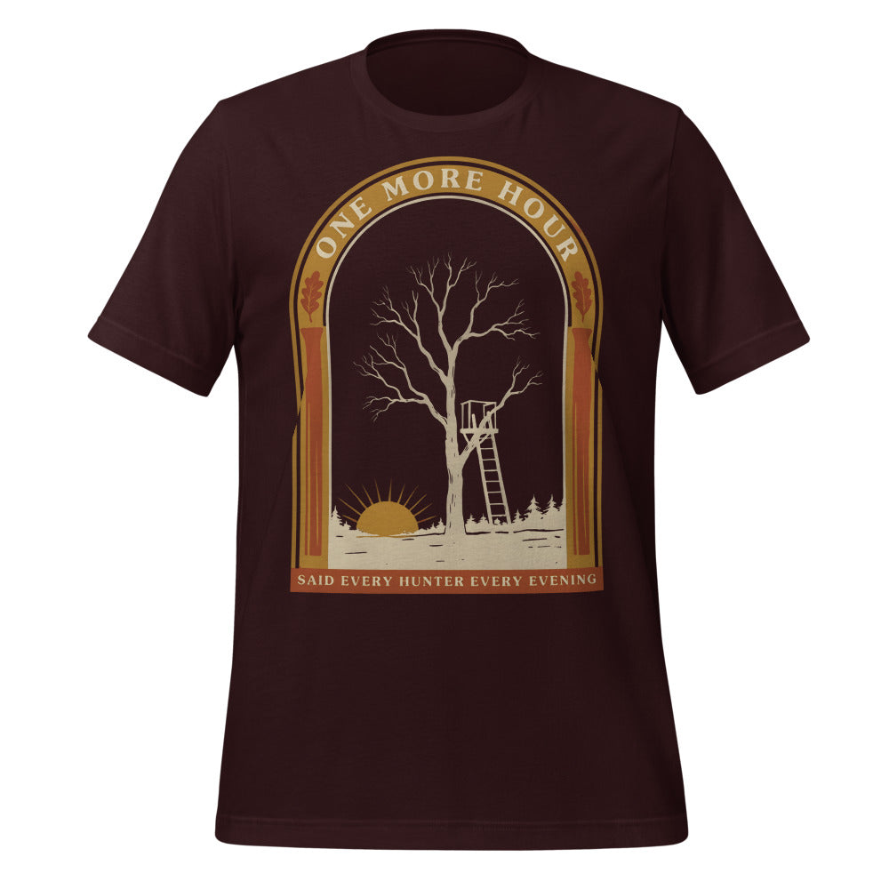 One More Hour funny deer hunting tee — Oxblood Black, front