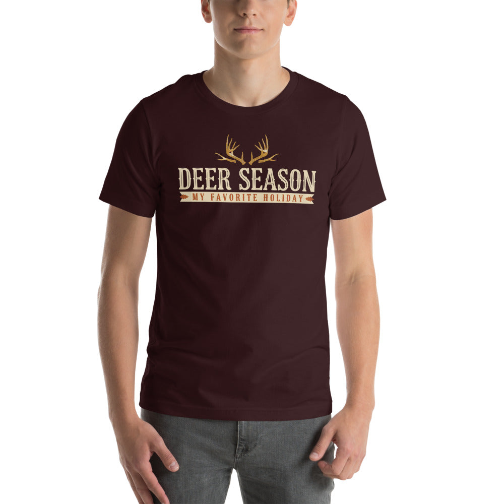 Deer Season My Favorite Holiday deer hunting tee — Oxblood Black, on model
