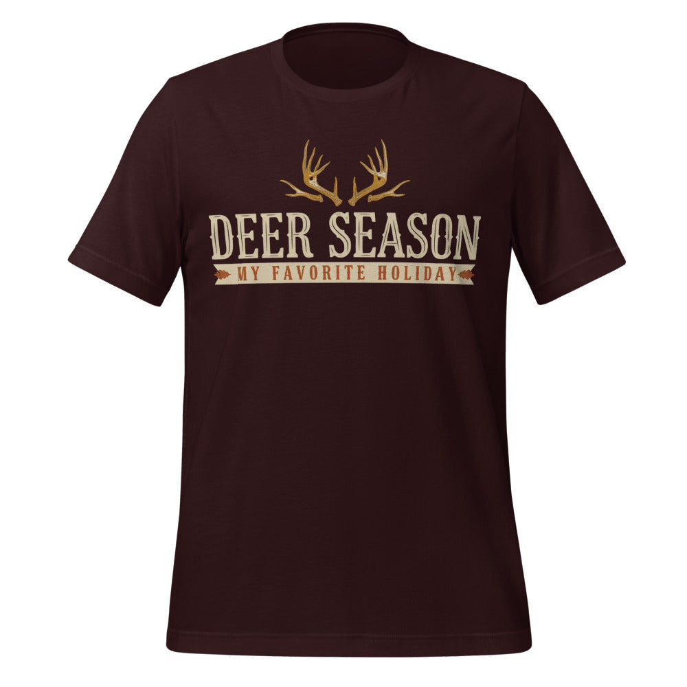 Deer Season My Favorite Holiday deer hunting tee — Oxblood Black, front