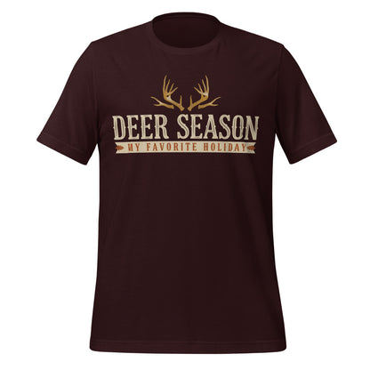 Deer Season My Favorite Holiday deer hunting tee — Oxblood Black, front