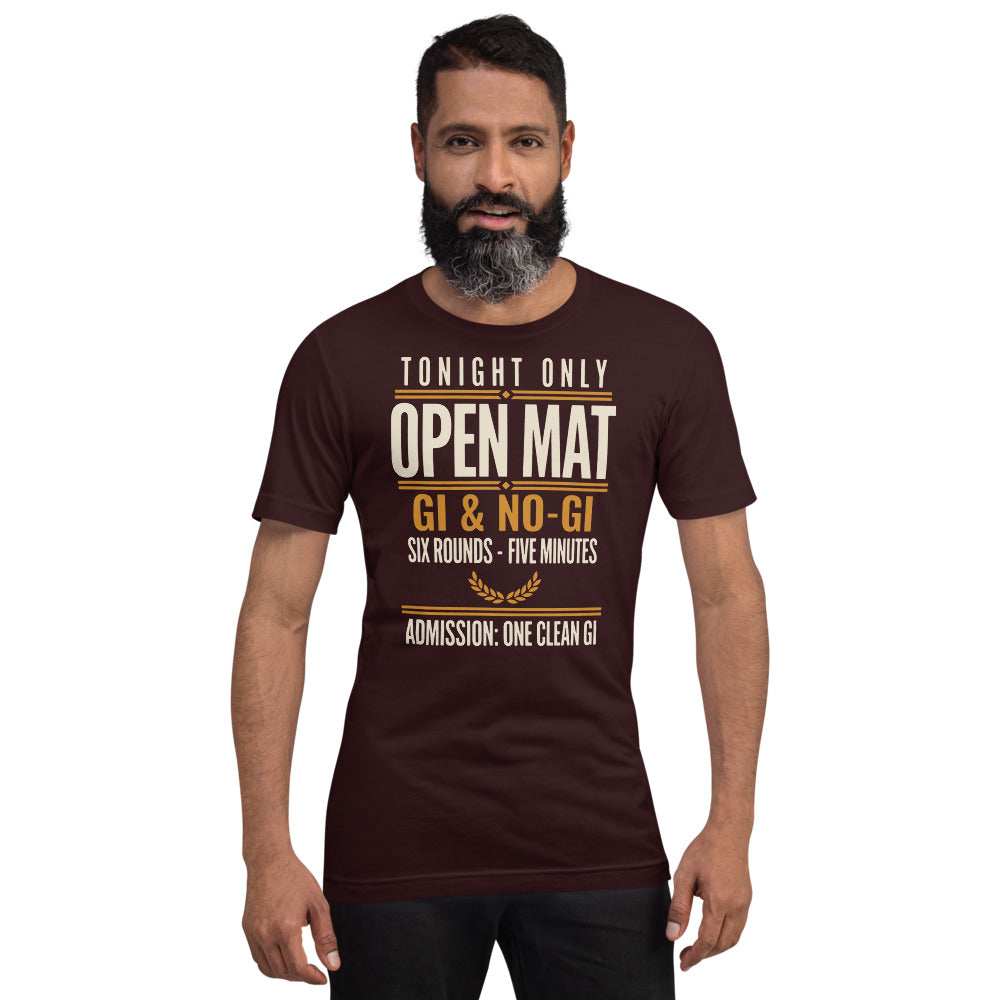 Open Mat Tonight Brazilian jiu jitsu t-shirt — Oxblood Black, on model
