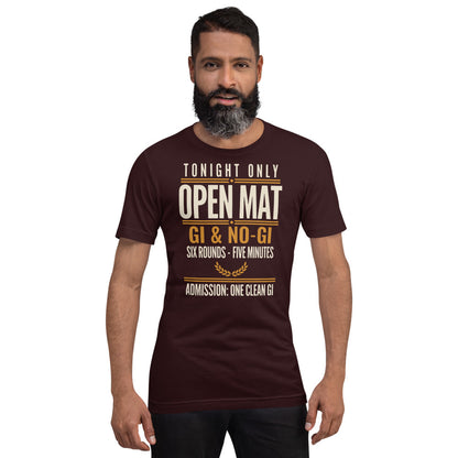 Open Mat Tonight Brazilian jiu jitsu t-shirt — Oxblood Black, on model