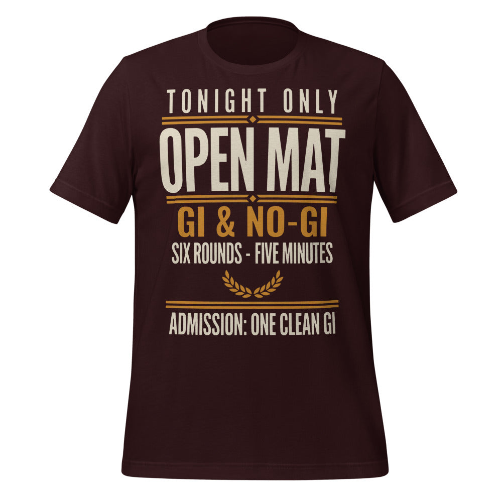 Open Mat Tonight Brazilian jiu jitsu t-shirt — Oxblood Black, front