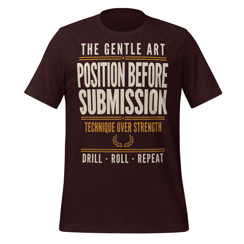 Position Before Submission Brazilian jiu jitsu t-shirt — Oxblood Black, front