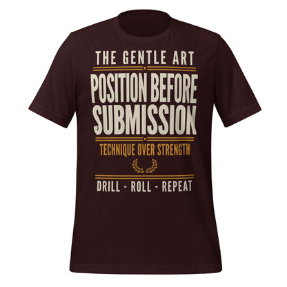 Position Before Submission Brazilian jiu jitsu t-shirt — Oxblood Black, front