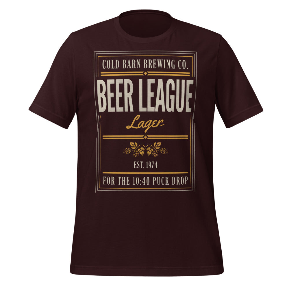 Beer League Cold Barn Brewing lager t-shirt — Oxblood Black, front