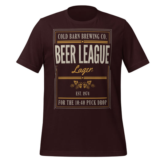 Beer League Cold Barn Brewing lager t-shirt — Oxblood Black, front