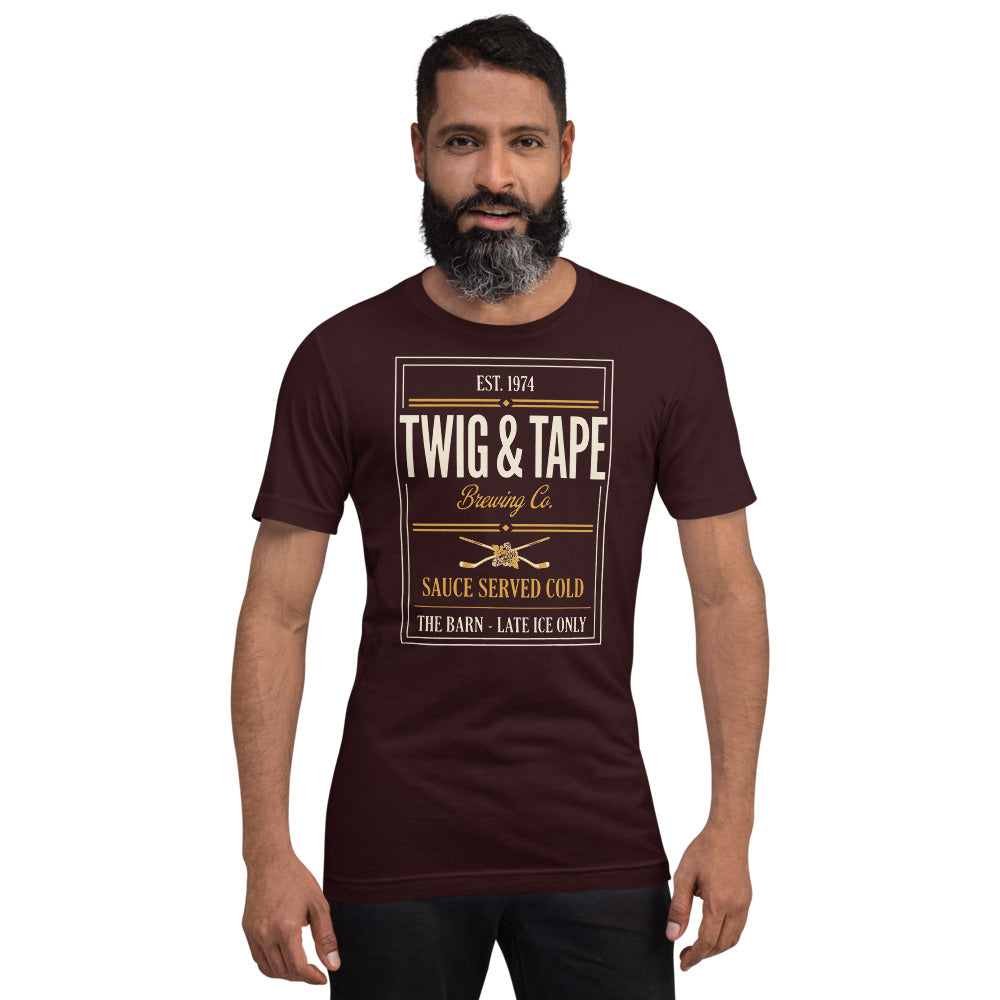 Twig and Tape Brewing Co. beer league hockey t-shirt — Oxblood Black, on model