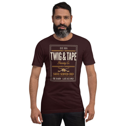 Twig and Tape Brewing Co. beer league hockey t-shirt — Oxblood Black, on model