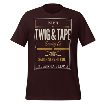 Twig and Tape Brewing Co. beer league hockey t-shirt — Oxblood Black, front