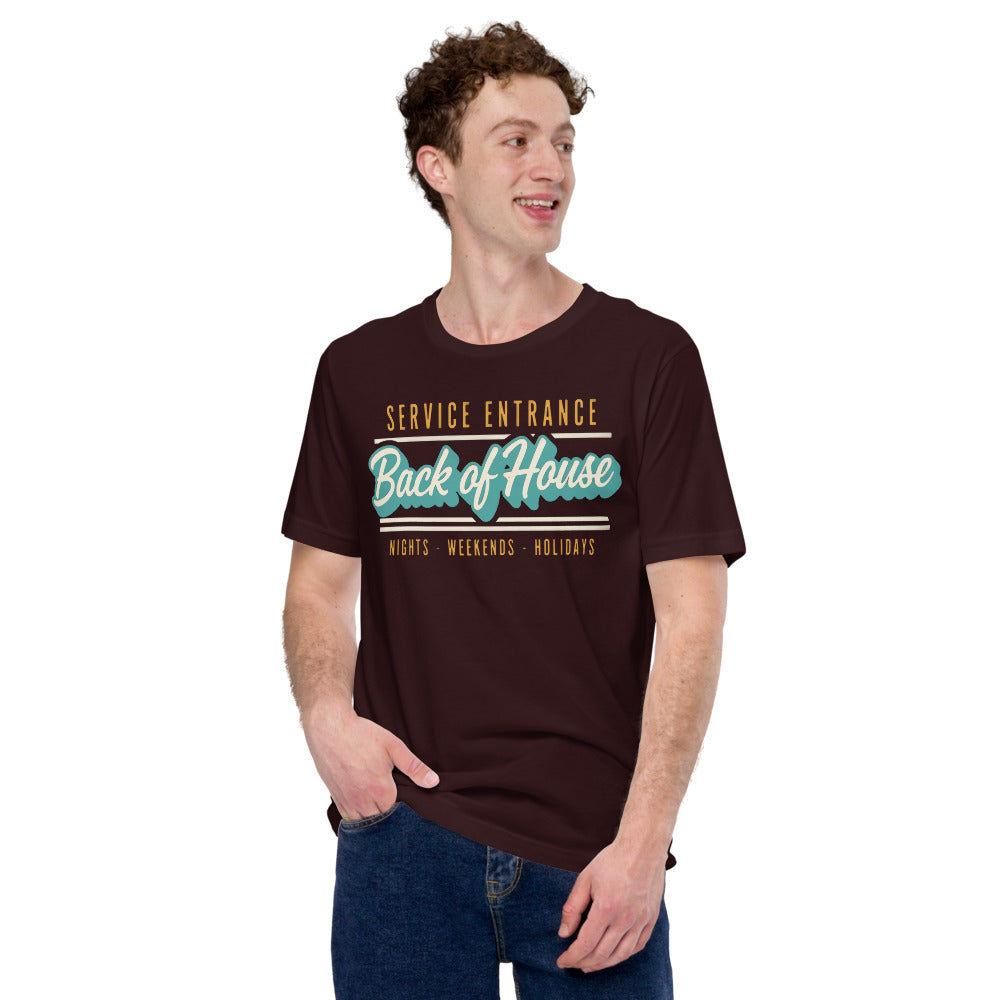 Line Cook Back of House retro diner service sign t-shirt — Oxblood Black, on model