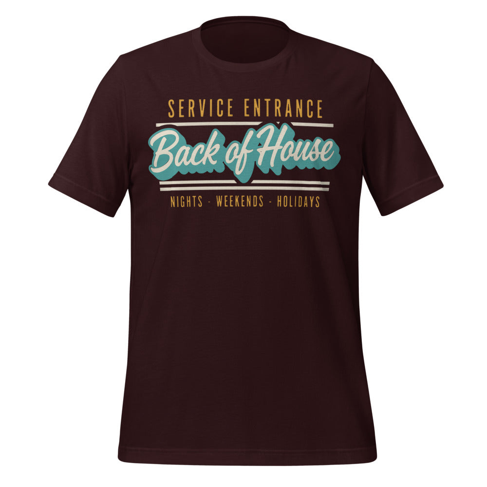 Line Cook Back of House retro diner service sign t-shirt — Oxblood Black, front