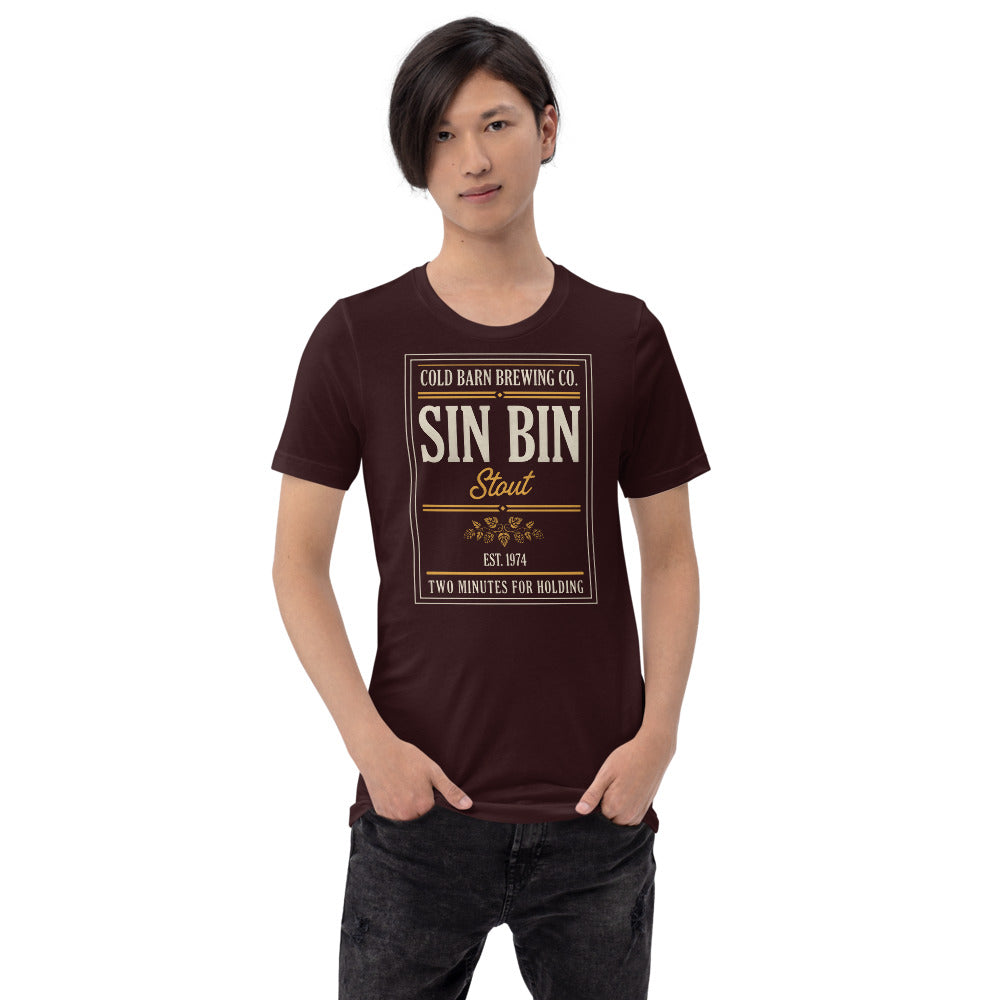 Beer League Sin Bin Stout brewery label t-shirt — Oxblood Black, on model