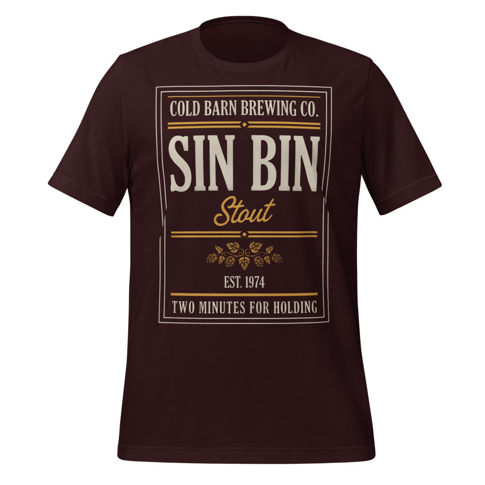 Beer League Sin Bin Stout brewery label t-shirt — Oxblood Black, front