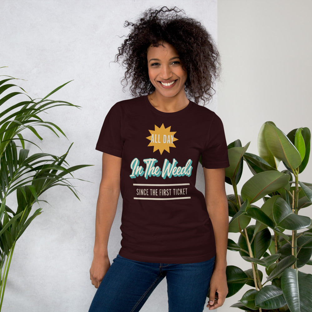 In The Weeds line cook retro diner service sign t-shirt — Oxblood Black, on model