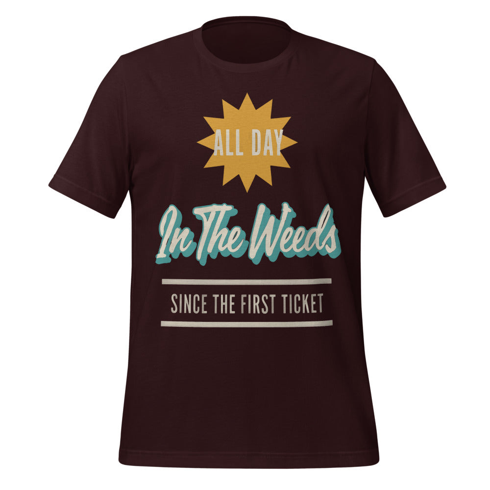 In The Weeds line cook retro diner service sign t-shirt — Oxblood Black, front
