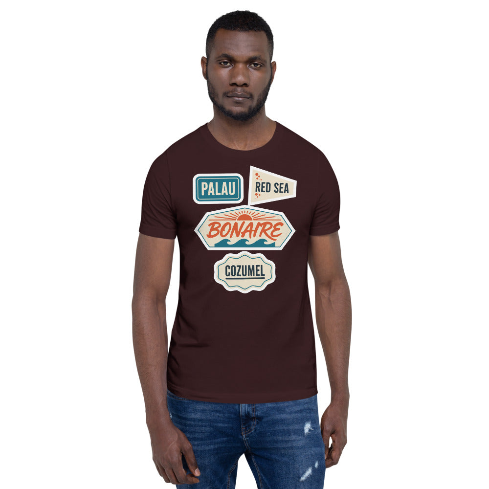 Vintage scuba diving dive sites travel decal t-shirt — Oxblood Black, on model