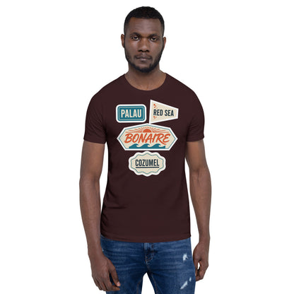 Vintage scuba diving dive sites travel decal t-shirt — Oxblood Black, on model