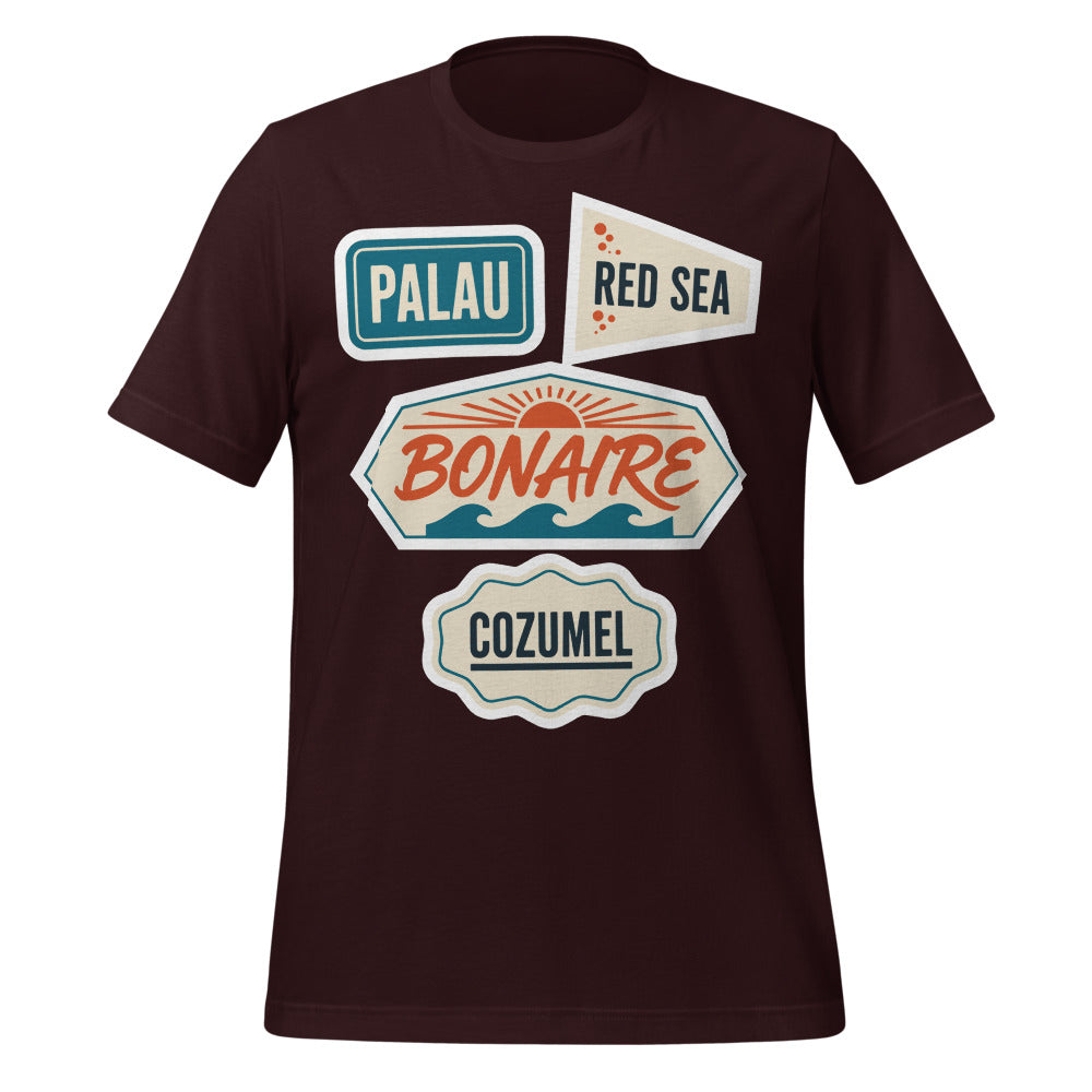 Vintage scuba diving dive sites travel decal t-shirt — Oxblood Black, front