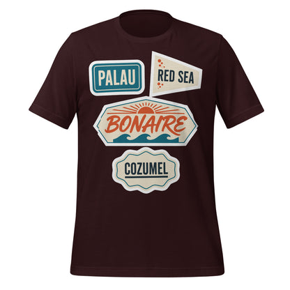 Vintage scuba diving dive sites travel decal t-shirt — Oxblood Black, front