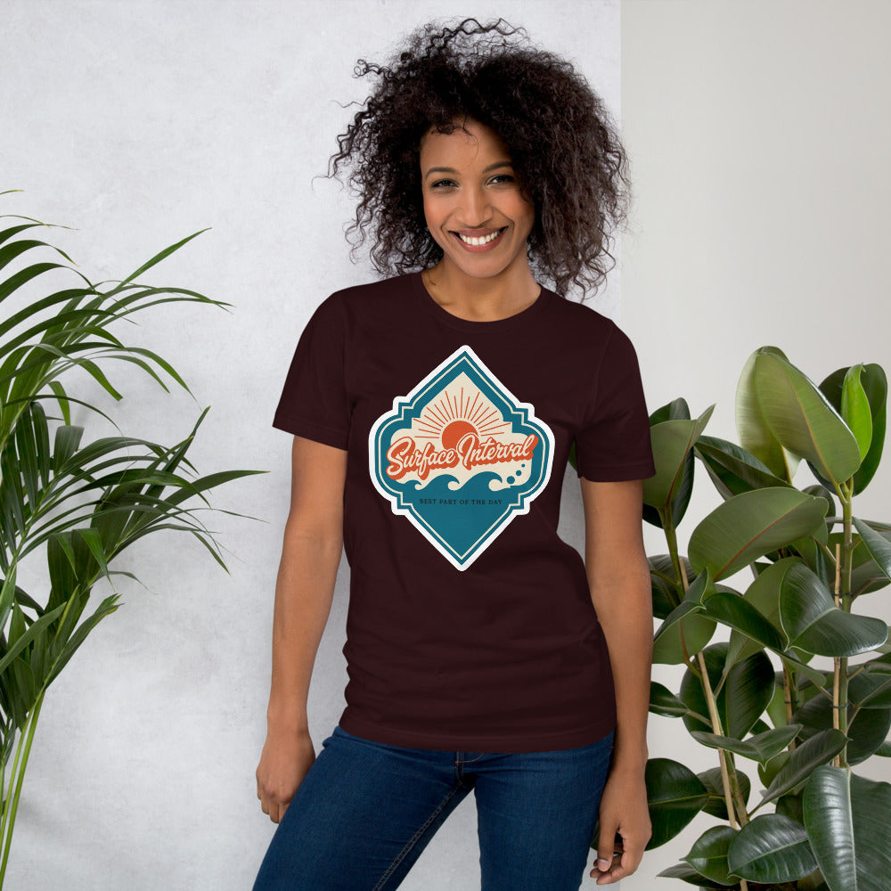 Surface Interval vintage scuba diving travel decal t-shirt — Oxblood Black, on model