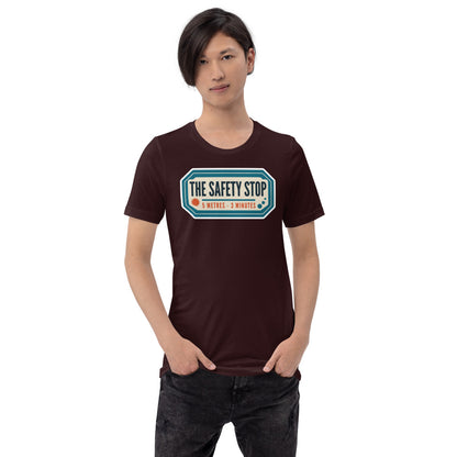 The Safety Stop vintage scuba diving travel decal t-shirt — Oxblood Black, on model