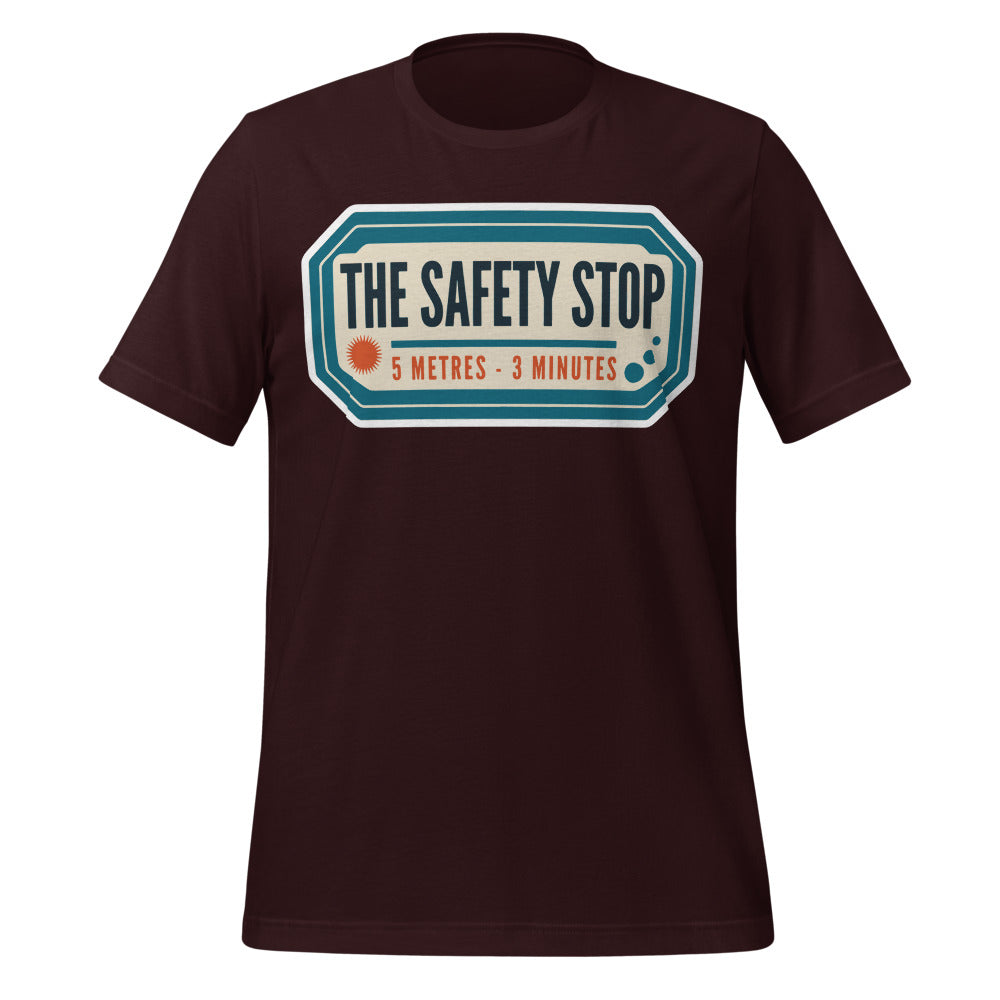 The Safety Stop vintage scuba diving travel decal t-shirt — Oxblood Black, front