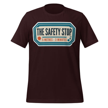 The Safety Stop vintage scuba diving travel decal t-shirt — Oxblood Black, front
