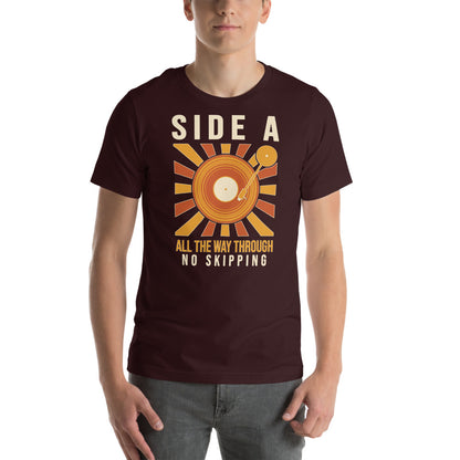 Side A No Skipping vinyl record tee — Oxblood Black, on model