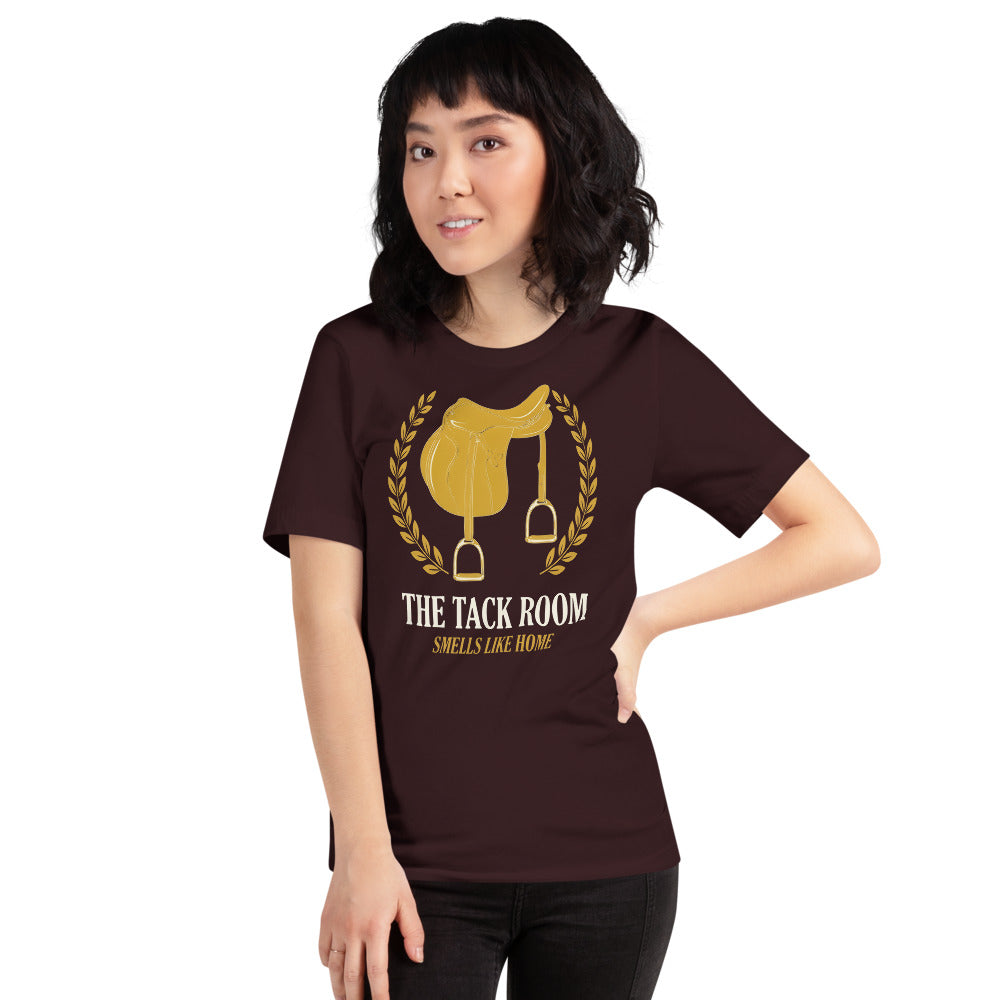The Tack Room engraved equestrian saddle crest t-shirt — Oxblood Black, on model