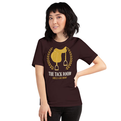 The Tack Room engraved equestrian saddle crest t-shirt — Oxblood Black, on model