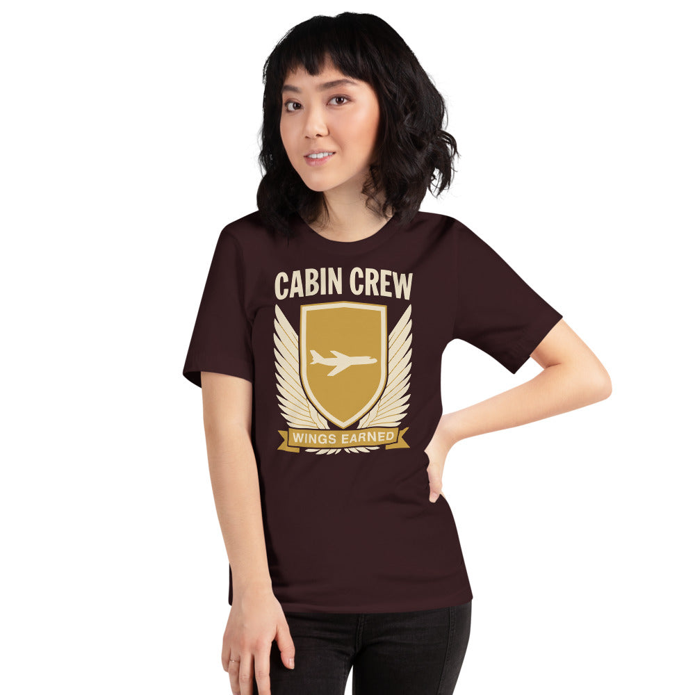 Wings Earned flight attendant tee — Oxblood Black, on model