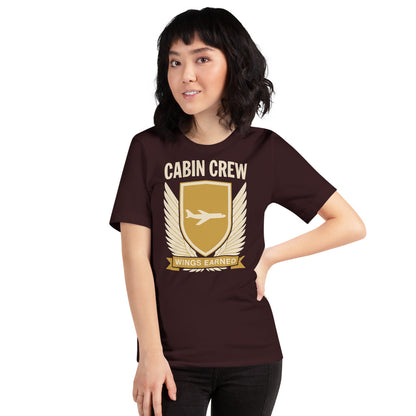 Wings Earned flight attendant tee — Oxblood Black, on model