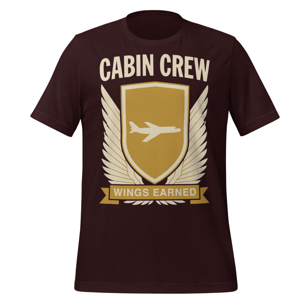 Wings Earned flight attendant tee — Oxblood Black, front