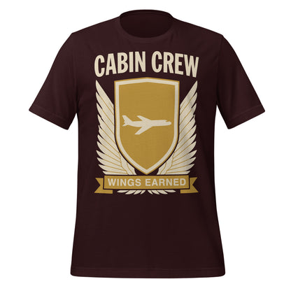 Wings Earned flight attendant tee — Oxblood Black, front