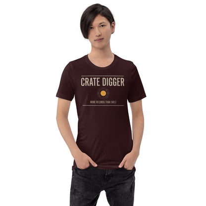 Crate Digger vinyl record tee — Oxblood Black, on model
