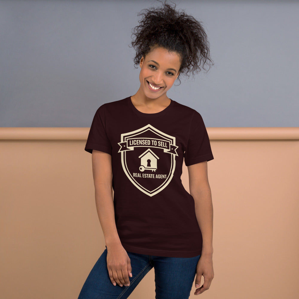 Licensed to Sell real estate agent tee — Oxblood Black, on model