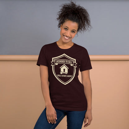 Licensed to Sell real estate agent tee — Oxblood Black, on model
