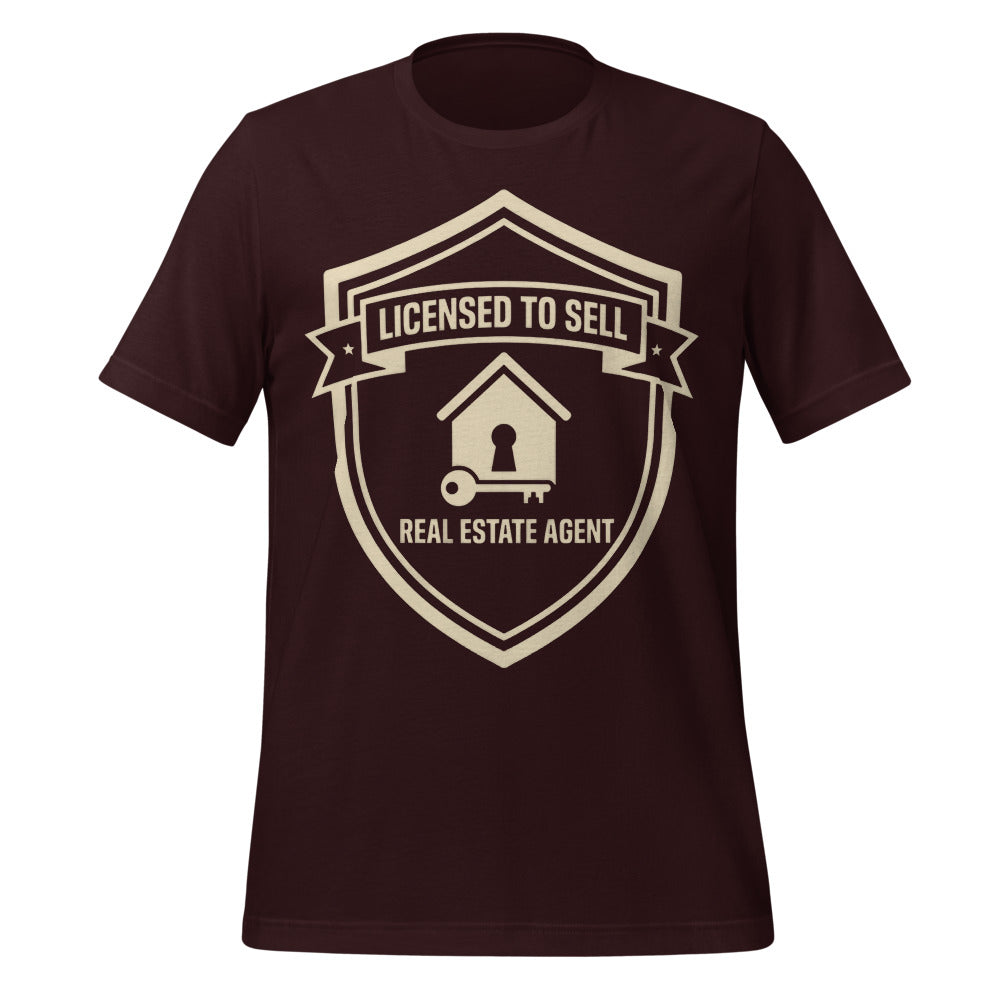 Licensed to Sell real estate agent tee — Oxblood Black, front
