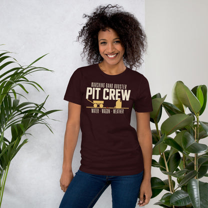 Pit Crew marching band booster t-shirt — Oxblood Black, on model