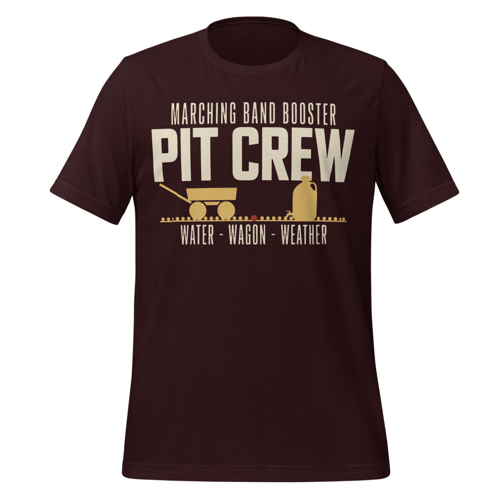Pit Crew marching band booster t-shirt — Oxblood Black, front