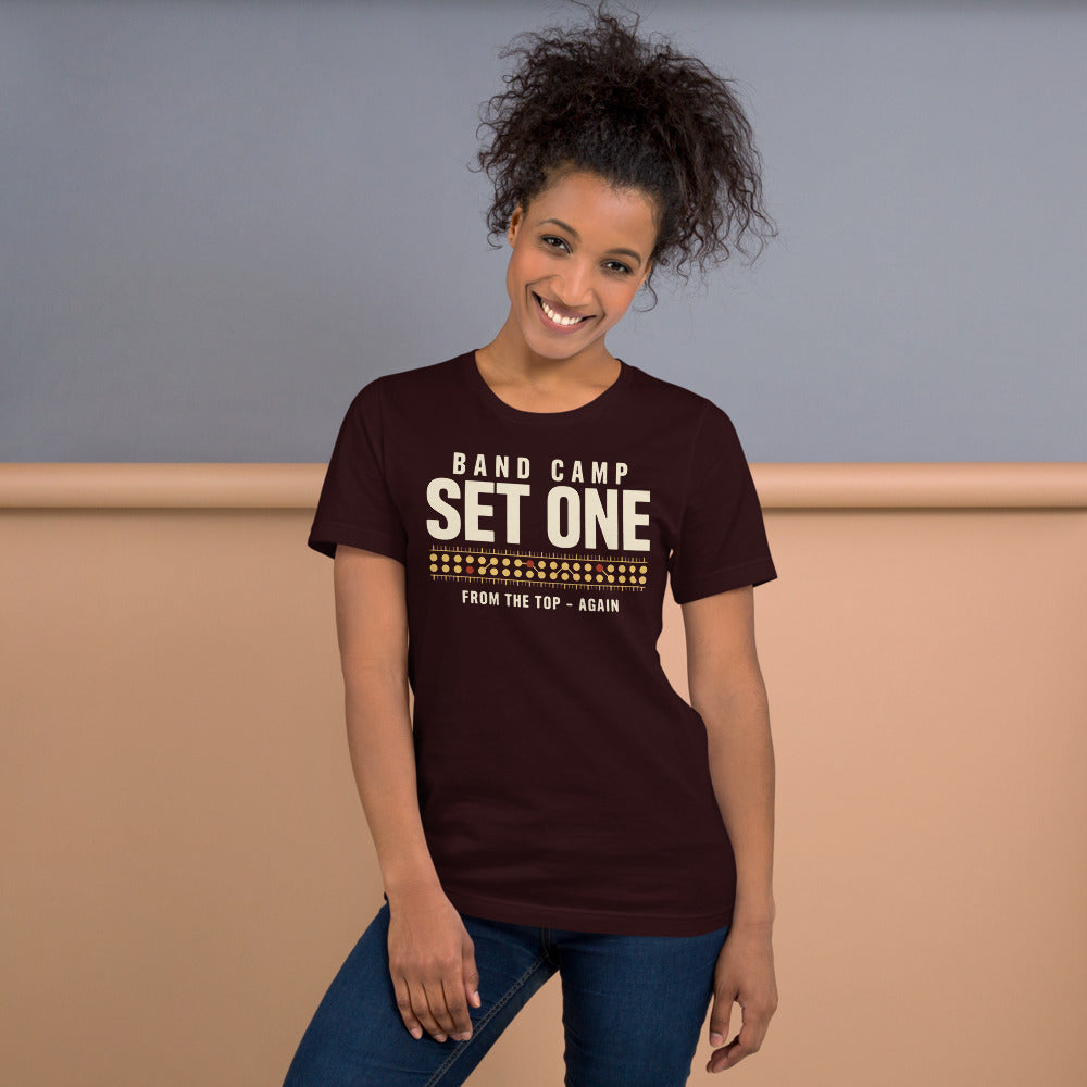 Set One marching band drill chart t-shirt — Oxblood Black, on model
