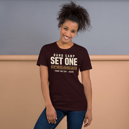 Set One marching band drill chart t-shirt — Oxblood Black, on model
