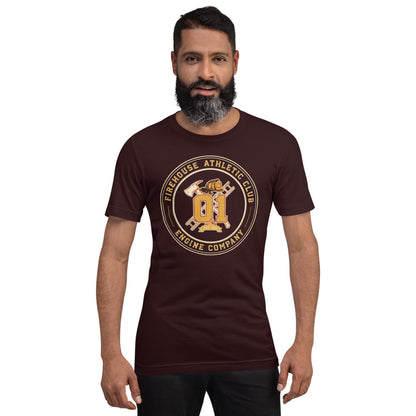 Firehouse Athletic Club retro firefighter emblem tee — Oxblood Black, on model