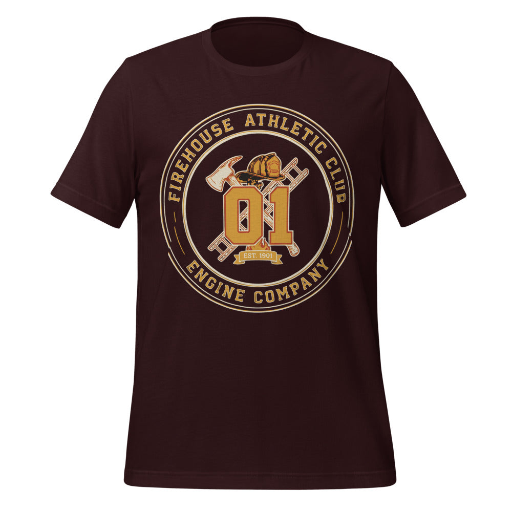 Firehouse Athletic Club retro firefighter emblem tee — Oxblood Black, front
