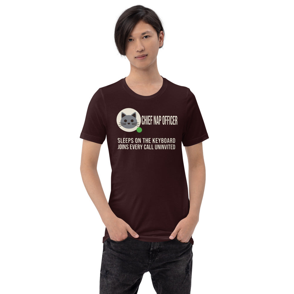 Chief Nap Officer cat profile card unisex t-shirt — Oxblood Black, on model
