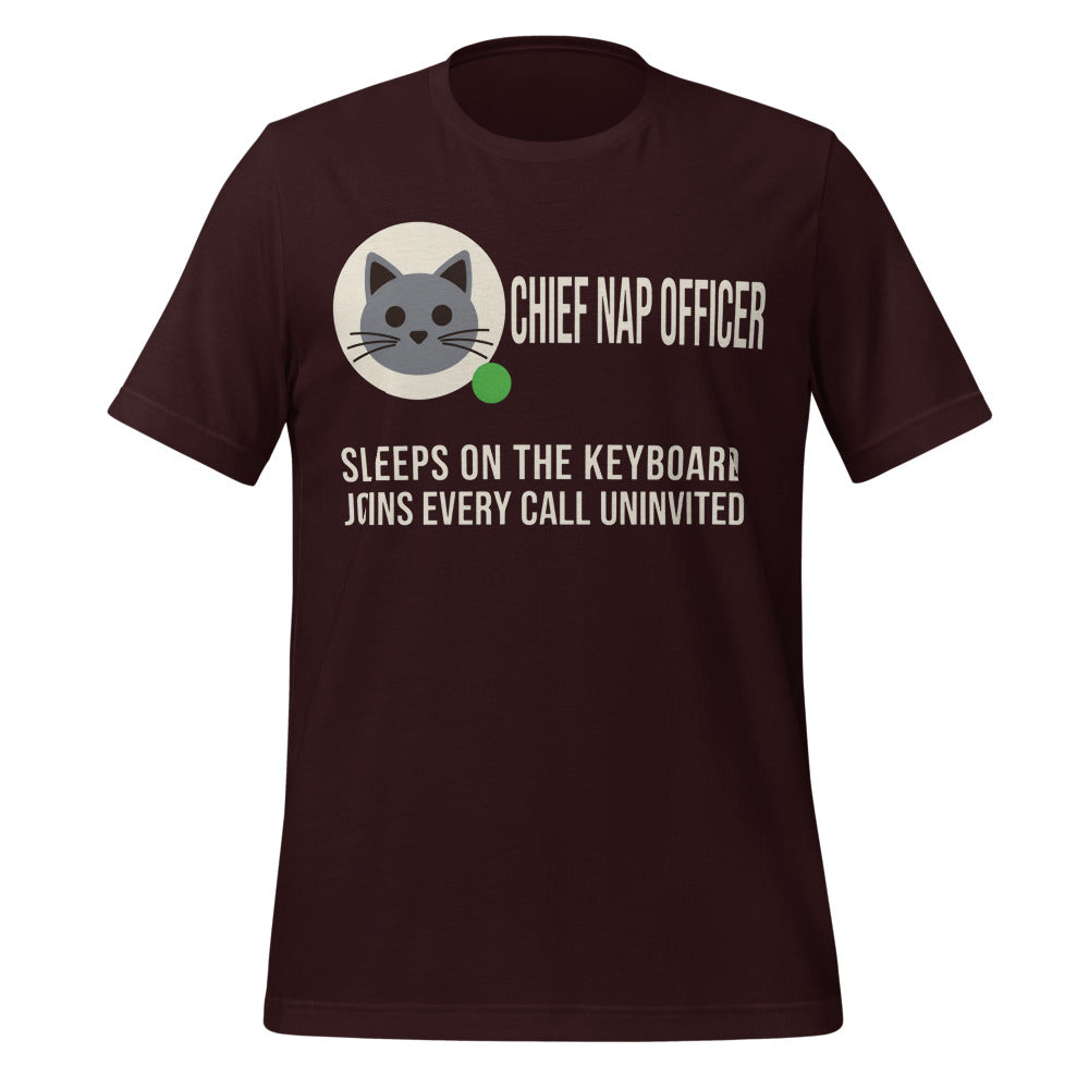 Chief Nap Officer cat profile card unisex t-shirt — Oxblood Black, front