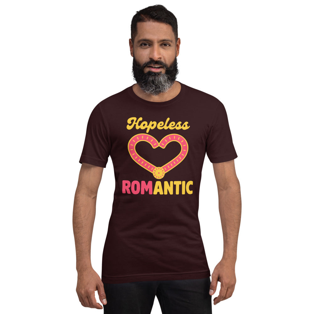 Hopeless ROMantic funny physical therapy tee — Oxblood Black, on model