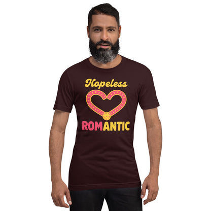 Hopeless ROMantic funny physical therapy tee — Oxblood Black, on model
